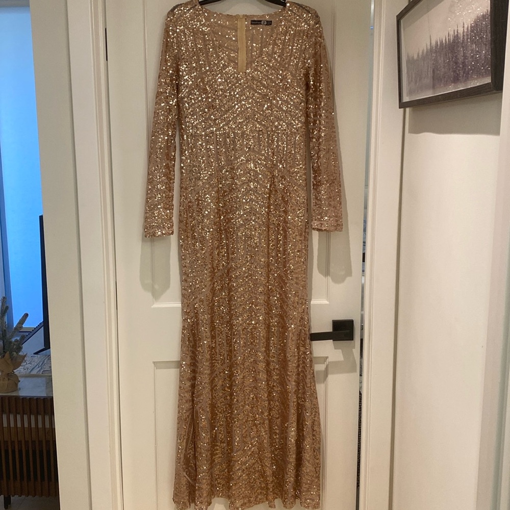 Boohoo sequin pink floor length gown, US 8
